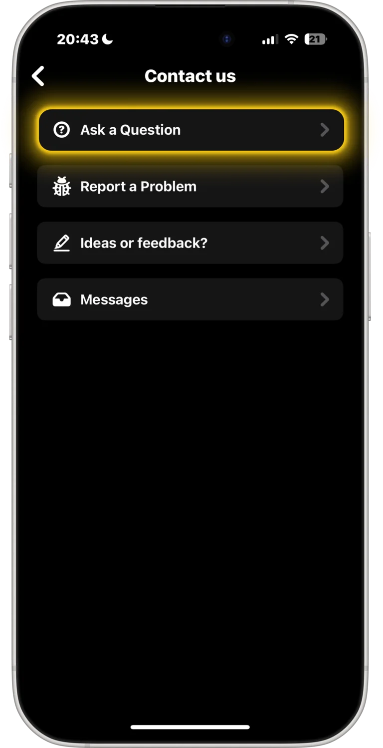 BeReal Contact us screen — tap Ask a Question